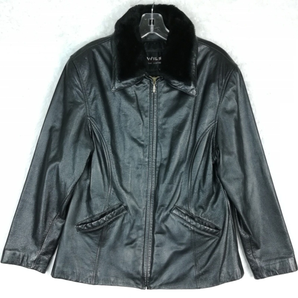 Vtg Wilsons Womens Leather Jacket Black Full Zip Faux Fur Collar Coat L